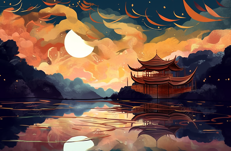 中秋节中国风山水凉亭平静的水面月亮倒映插画,插画/手绘图,插画/手绘图库,插画/手绘图下载,插画/手绘